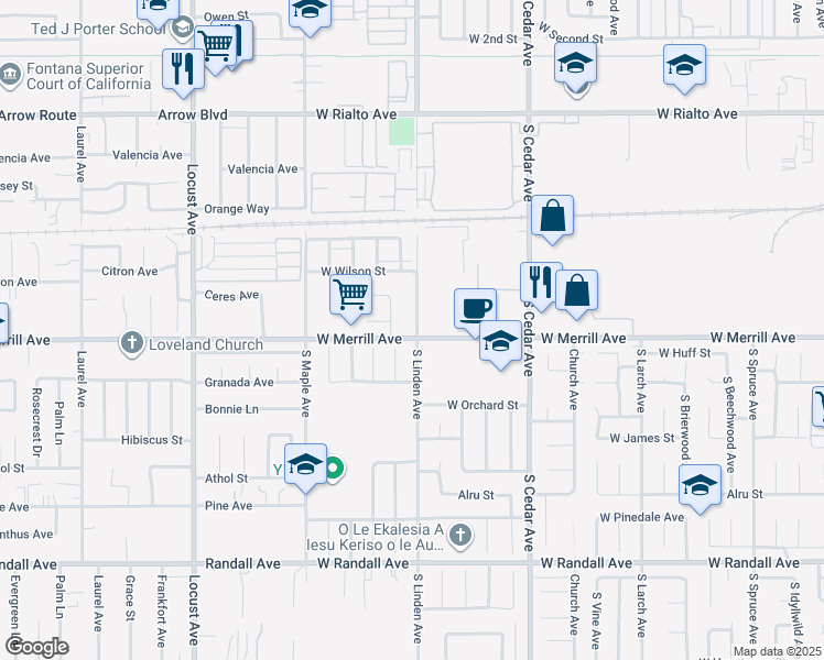 map of restaurants, bars, coffee shops, grocery stores, and more near 1510 West Merrill Avenue in Rialto
