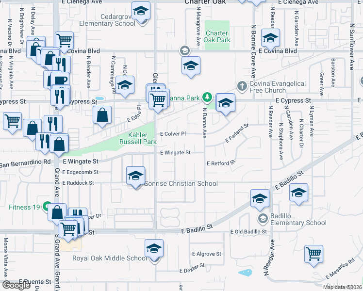 map of restaurants, bars, coffee shops, grocery stores, and more near 602 Rimhurst Avenue in Covina