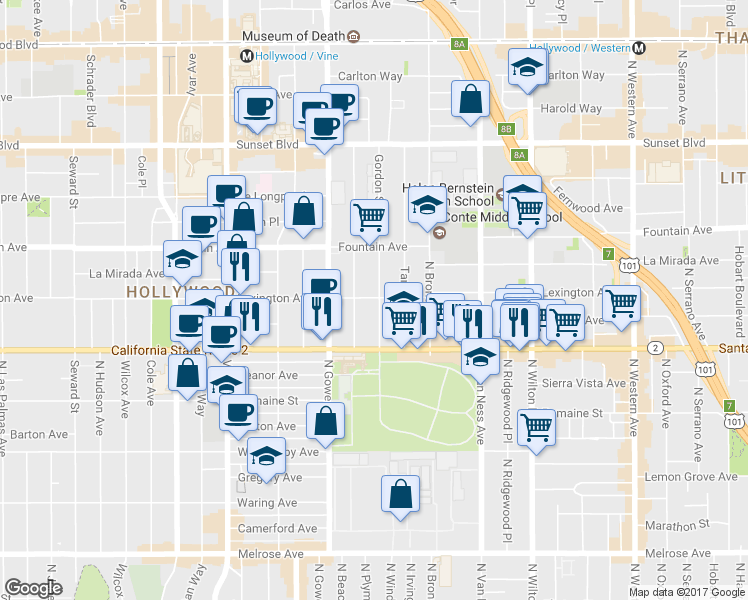 map of restaurants, bars, coffee shops, grocery stores, and more near 6004 1/2 Lexington Avenue in Los Angeles