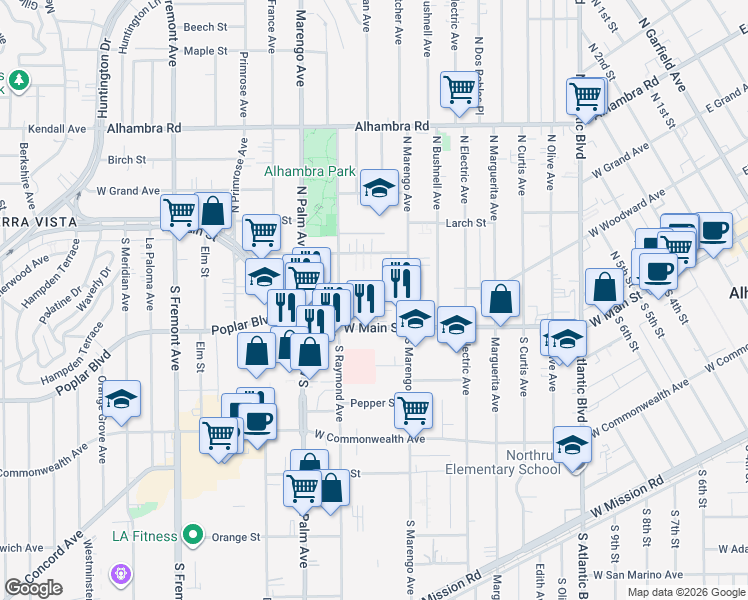 map of restaurants, bars, coffee shops, grocery stores, and more near 1811 West Main Street in Alhambra