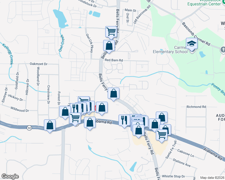 map of restaurants, bars, coffee shops, grocery stores, and more near 511 Camellia Ct in Acworth