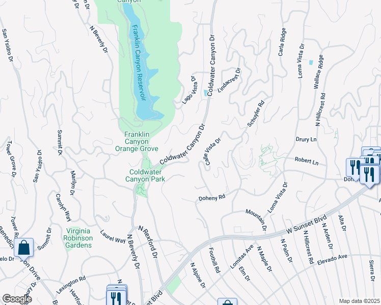 map of restaurants, bars, coffee shops, grocery stores, and more near 1126 Coldwater Canyon Drive in Beverly Hills