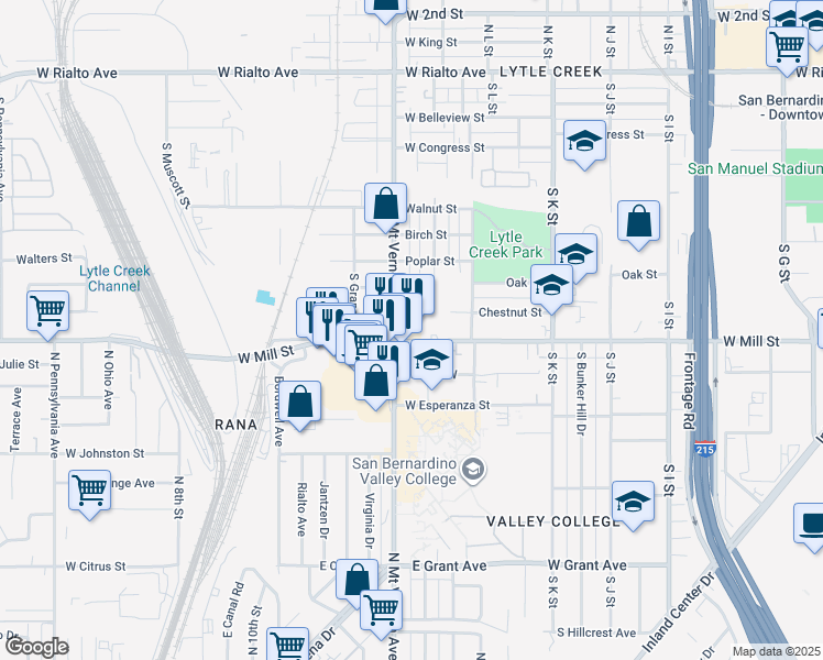 map of restaurants, bars, coffee shops, grocery stores, and more near 507 South Mount Vernon Avenue in San Bernardino