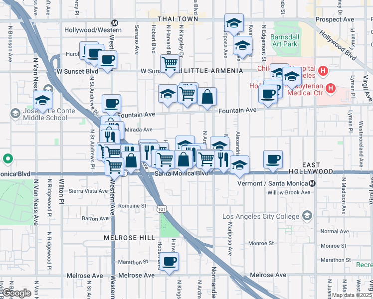 map of restaurants, bars, coffee shops, grocery stores, and more near 5229 Virginia Avenue in Los Angeles