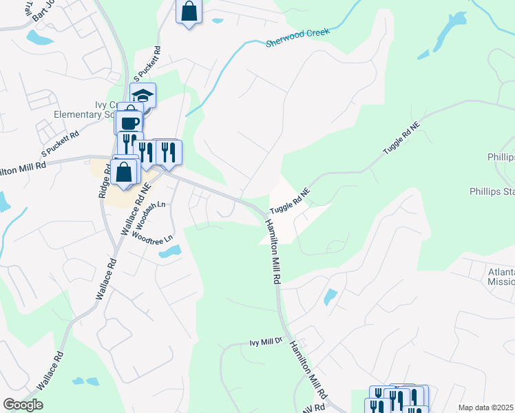 map of restaurants, bars, coffee shops, grocery stores, and more near 3168 Hamilton Mill Road in Buford