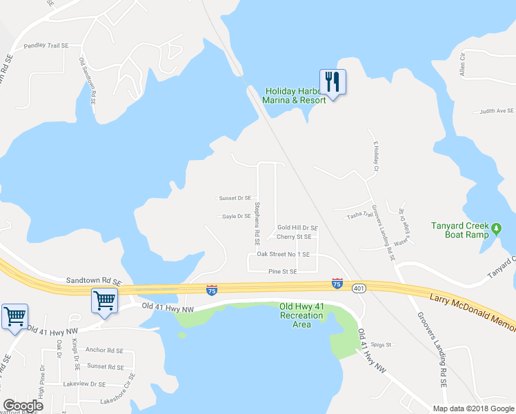 map of restaurants, bars, coffee shops, grocery stores, and more near 149 Stephens Road Southeast in Acworth