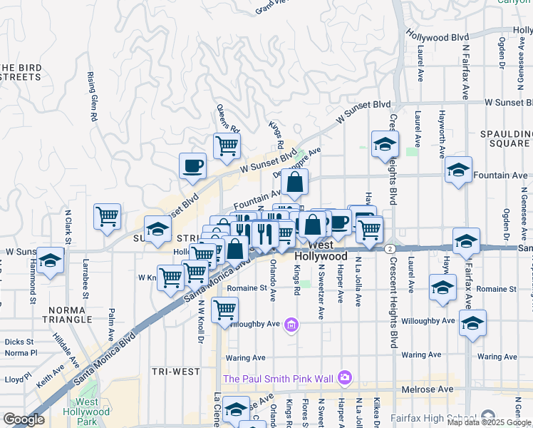 map of restaurants, bars, coffee shops, grocery stores, and more near 1222 North Olive Drive in West Hollywood