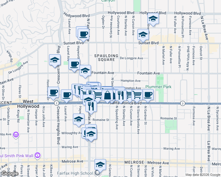 map of restaurants, bars, coffee shops, grocery stores, and more near 1159 North Genesee Avenue in West Hollywood