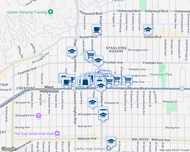 map of restaurants, bars, coffee shops, grocery stores, and more near 1226 North Hayworth Avenue in West Hollywood