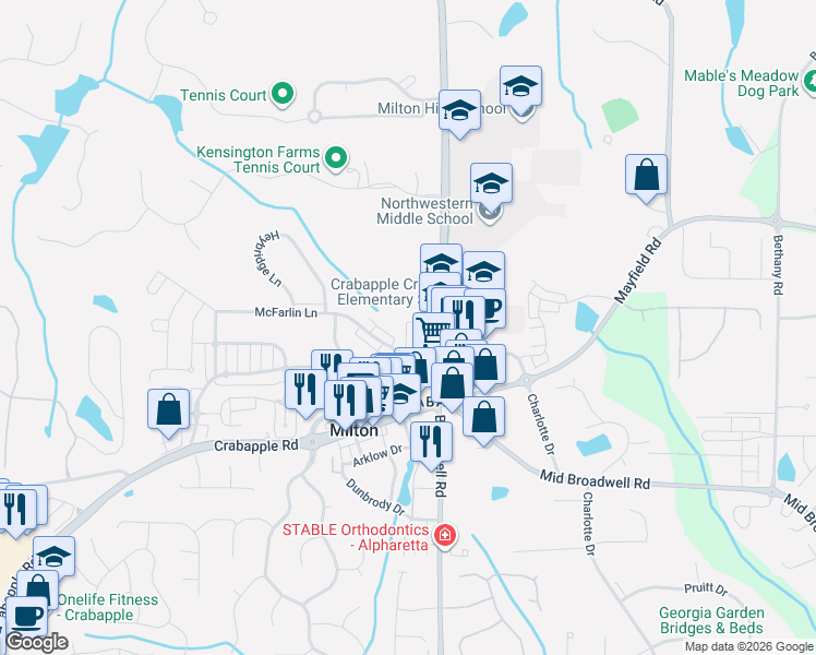 map of restaurants, bars, coffee shops, grocery stores, and more near 12220 Birmingham Highway in Milton