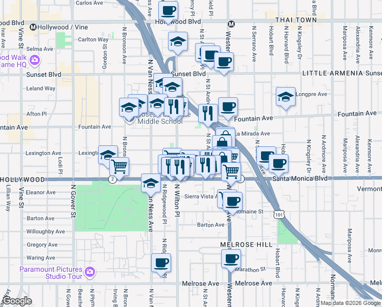 map of restaurants, bars, coffee shops, grocery stores, and more near 5645 Virginia Avenue in Los Angeles
