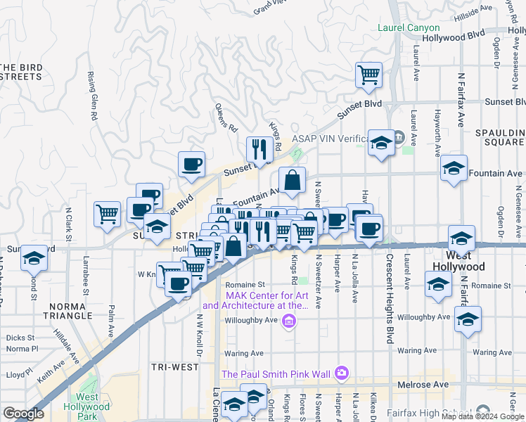 map of restaurants, bars, coffee shops, grocery stores, and more near 1222 North Olive Drive in West Hollywood