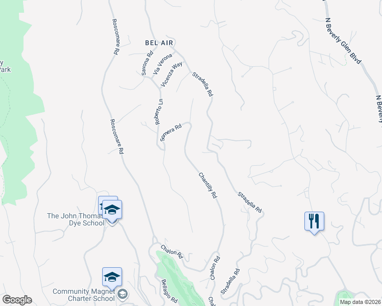 map of restaurants, bars, coffee shops, grocery stores, and more near 1100 Chantilly Road in Los Angeles