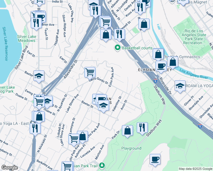 map of restaurants, bars, coffee shops, grocery stores, and more near 1608 Cerro Gordo Street in Los Angeles