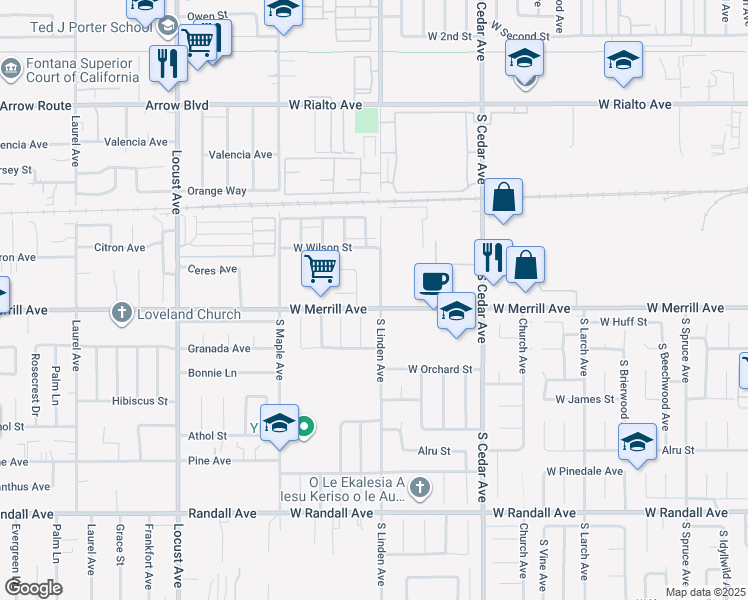 map of restaurants, bars, coffee shops, grocery stores, and more near 1510 West Merrill Avenue in Rialto
