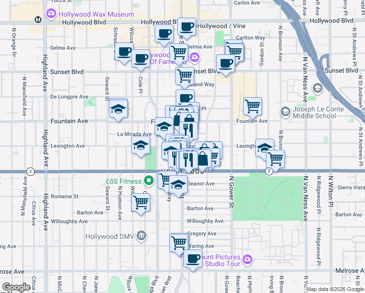 map of restaurants, bars, coffee shops, grocery stores, and more near Vine St & Lexington Ave in Los Angeles