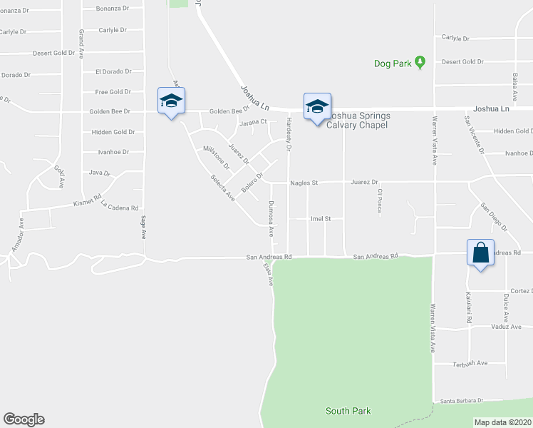 map of restaurants, bars, coffee shops, grocery stores, and more near 8638 Dumosa Avenue in Yucca Valley