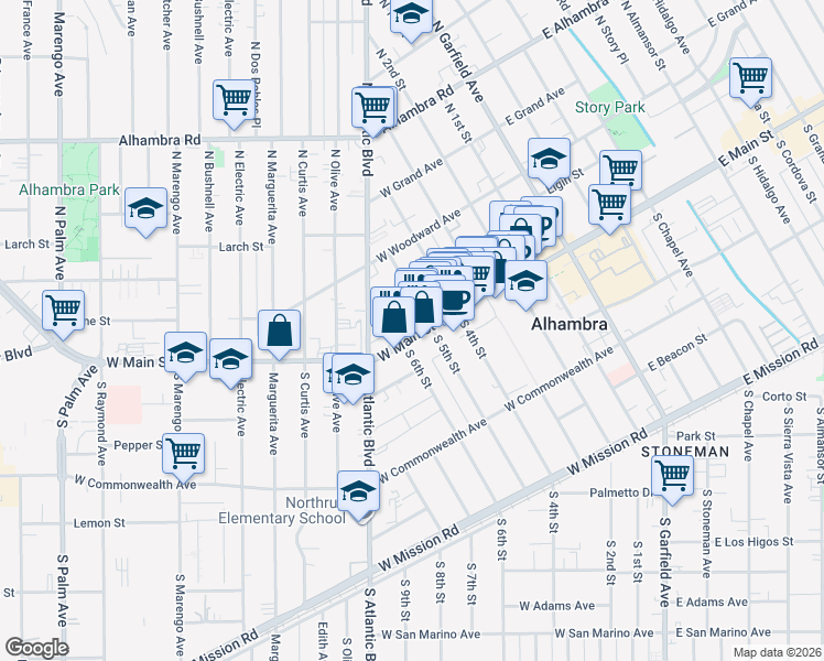 map of restaurants, bars, coffee shops, grocery stores, and more near 560 West Main Street in Alhambra