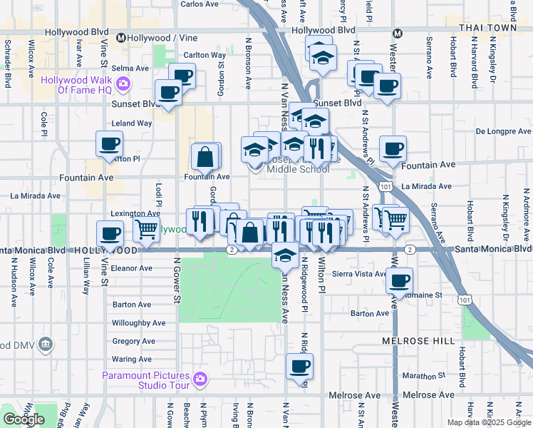 map of restaurants, bars, coffee shops, grocery stores, and more near 5831 Virginia Avenue in Los Angeles
