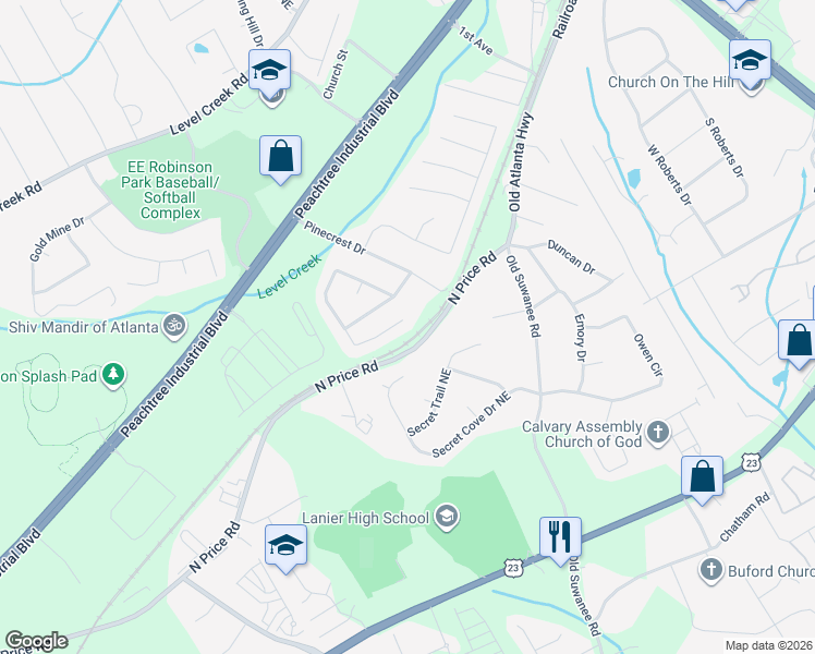 map of restaurants, bars, coffee shops, grocery stores, and more near 4608 McEver View Drive in Sugar Hill
