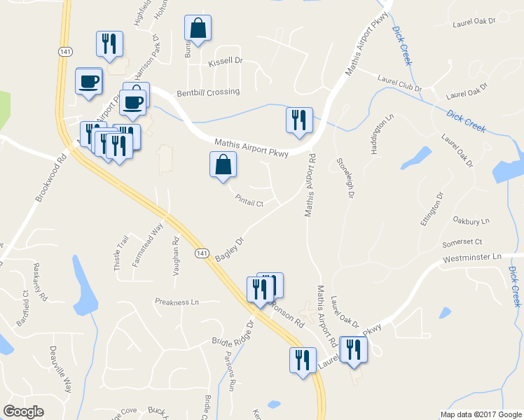 map of restaurants, bars, coffee shops, grocery stores, and more near 355 Pintail Court in Suwanee