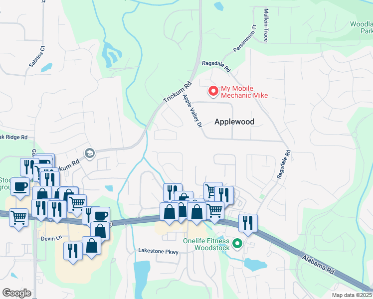 map of restaurants, bars, coffee shops, grocery stores, and more near 185 Village Trace in Woodstock