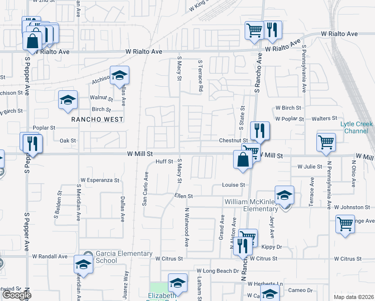 map of restaurants, bars, coffee shops, grocery stores, and more near 2250 West Mill Street in Colton