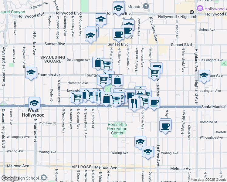 map of restaurants, bars, coffee shops, grocery stores, and more near 1159 North Fuller Avenue in West Hollywood
