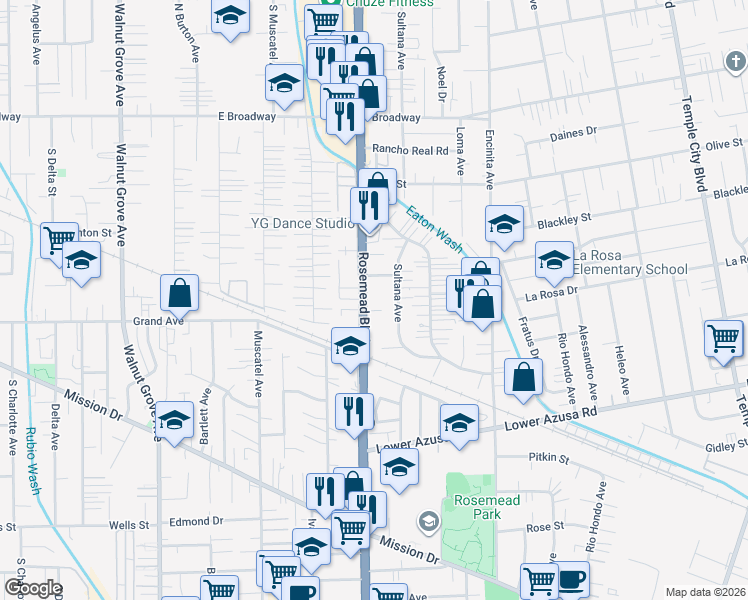 map of restaurants, bars, coffee shops, grocery stores, and more near 5026 Rosemead Boulevard in San Gabriel