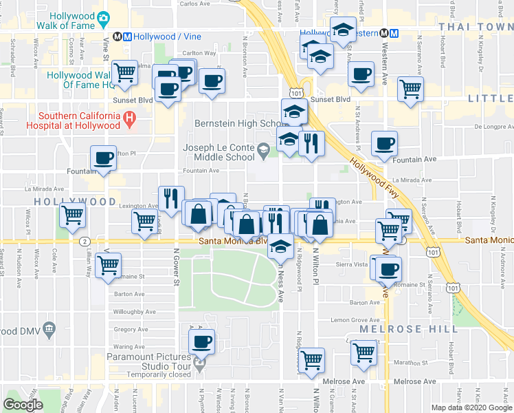 map of restaurants, bars, coffee shops, grocery stores, and more near 5842 Lexington Avenue in Los Angeles