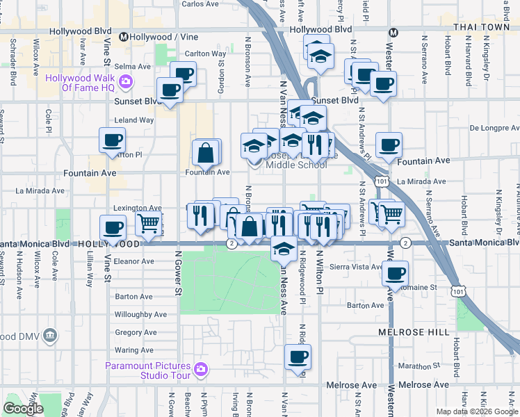 map of restaurants, bars, coffee shops, grocery stores, and more near 5831 Virginia Avenue in Los Angeles