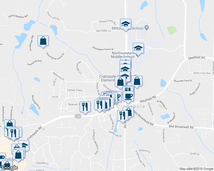 map of restaurants, bars, coffee shops, grocery stores, and more near 2120 McFarlin Lane in Alpharetta