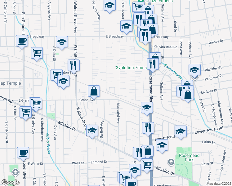 map of restaurants, bars, coffee shops, grocery stores, and more near 8732 Grand Avenue in Rosemead