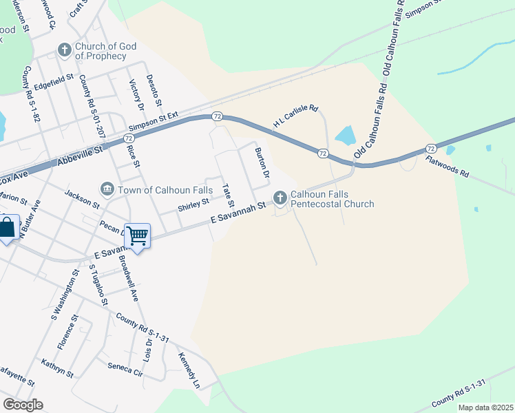 map of restaurants, bars, coffee shops, grocery stores, and more near 967 East Savannah Street in Calhoun Falls