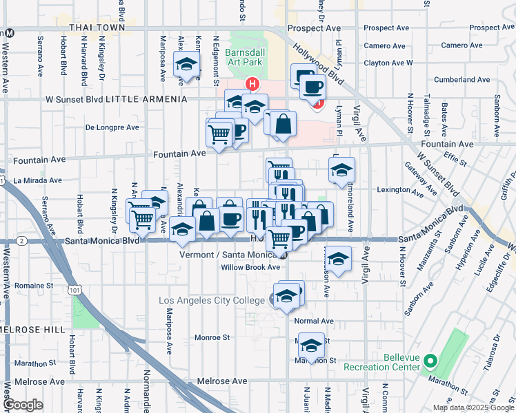 map of restaurants, bars, coffee shops, grocery stores, and more near in Los Angeles
