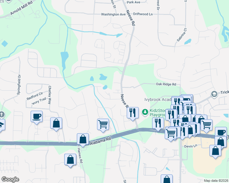 map of restaurants, bars, coffee shops, grocery stores, and more near 107 Brentwood Lane in Woodstock