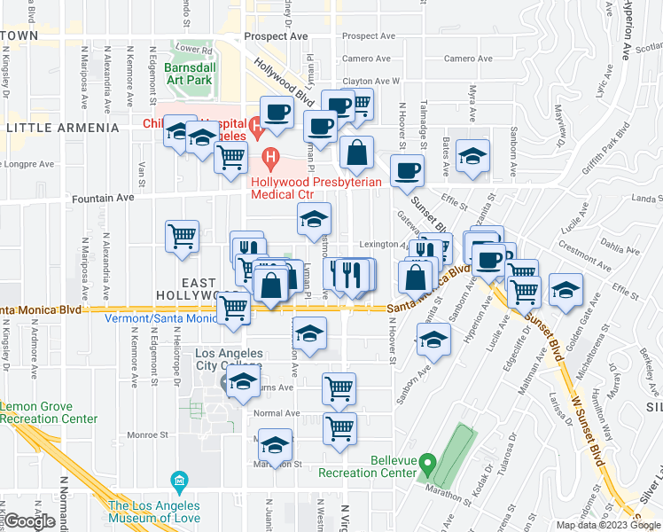 map of restaurants, bars, coffee shops, grocery stores, and more near 1158 North Westmoreland Avenue in Los Angeles
