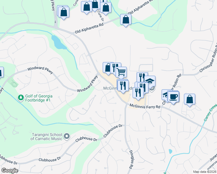 map of restaurants, bars, coffee shops, grocery stores, and more near 185 Fieldstone Edge in Alpharetta
