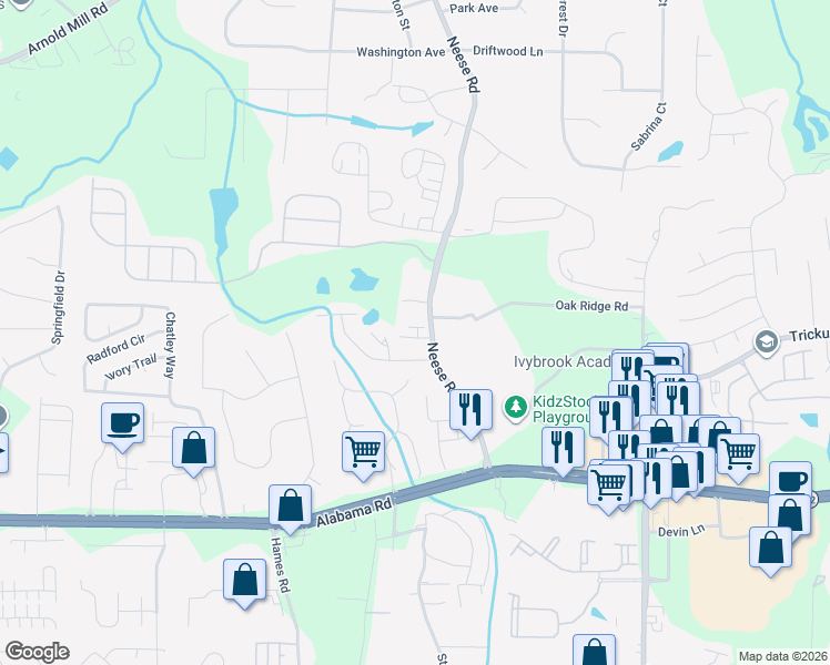 map of restaurants, bars, coffee shops, grocery stores, and more near 107 Brentwood Lane in Woodstock