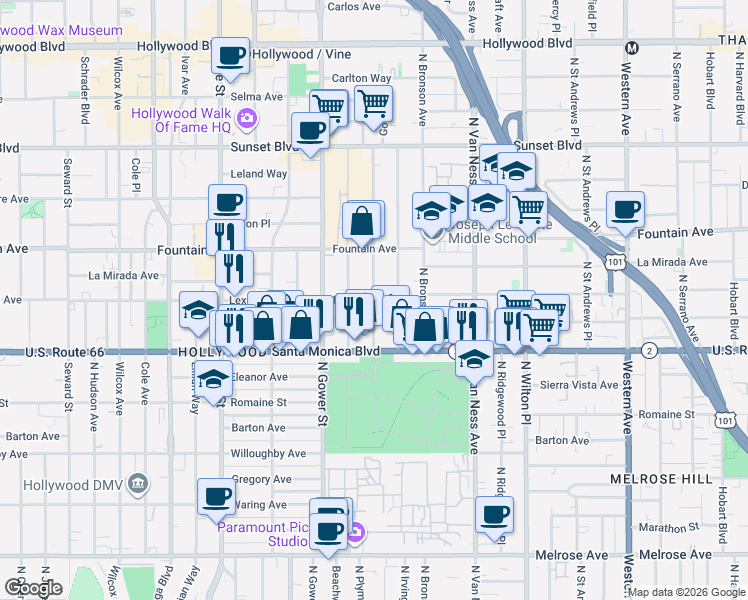 map of restaurants, bars, coffee shops, grocery stores, and more near Gordon Street in Los Angeles