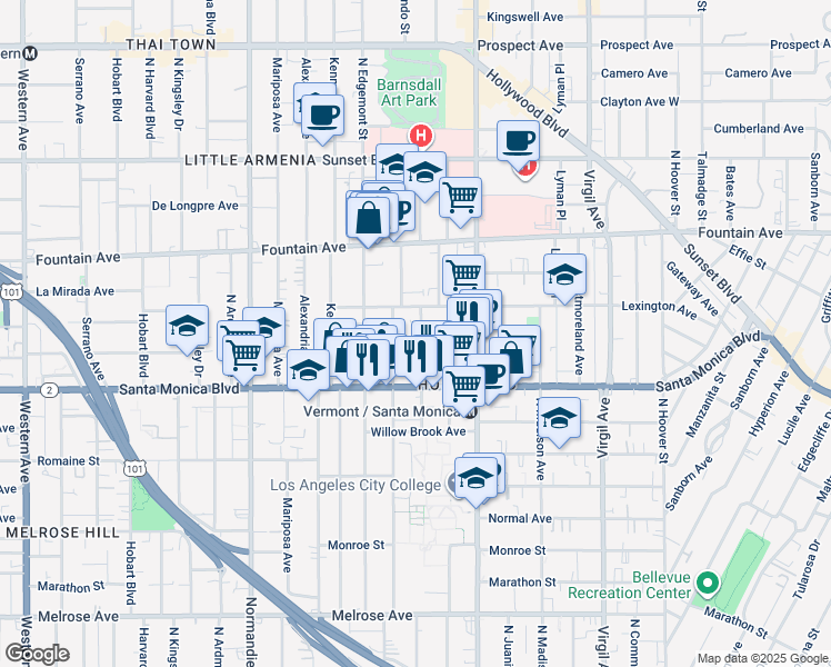 map of restaurants, bars, coffee shops, grocery stores, and more near 1138 North Heliotrope Drive in Los Angeles