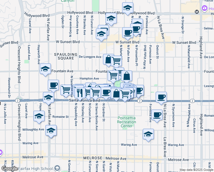 map of restaurants, bars, coffee shops, grocery stores, and more near Lexington Ave & N Gardner St in West Hollywood