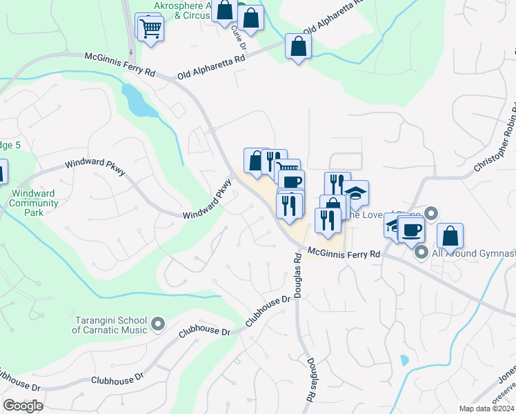 map of restaurants, bars, coffee shops, grocery stores, and more near 185 Fieldstone Edge in Alpharetta