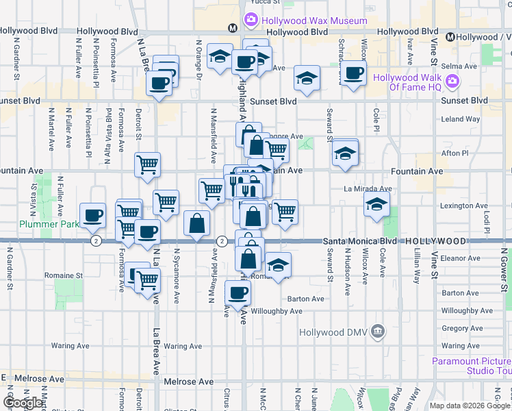 map of restaurants, bars, coffee shops, grocery stores, and more near 1145 North McCadden Place in Los Angeles