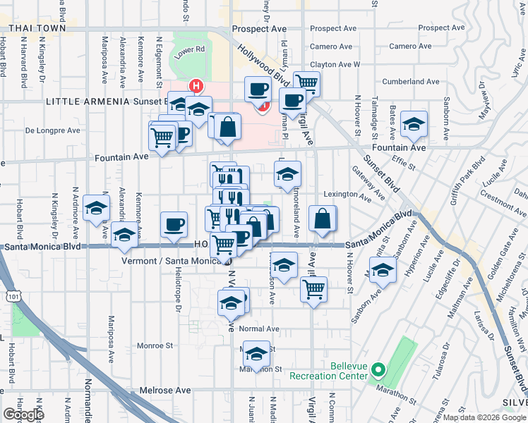 map of restaurants, bars, coffee shops, grocery stores, and more near 1145 North Madison Avenue in Los Angeles