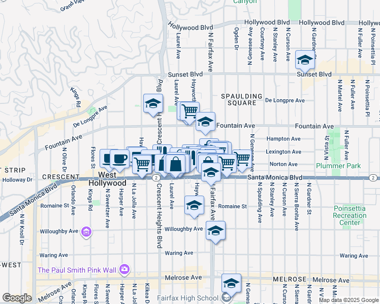 map of restaurants, bars, coffee shops, grocery stores, and more near 1223 Hayworth Avenue in West Hollywood