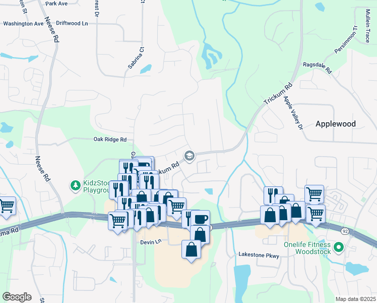 map of restaurants, bars, coffee shops, grocery stores, and more near 1003 Dunedin Trail in Woodstock