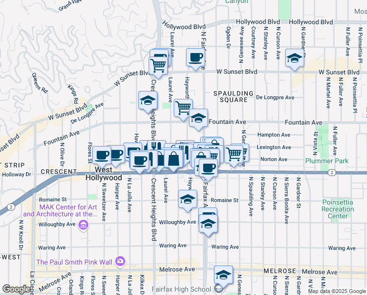 map of restaurants, bars, coffee shops, grocery stores, and more near 1223 Hayworth Avenue in West Hollywood