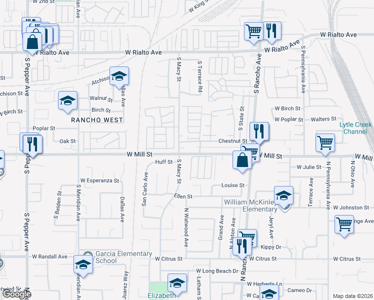 map of restaurants, bars, coffee shops, grocery stores, and more near 2250 West Mill Street in Colton