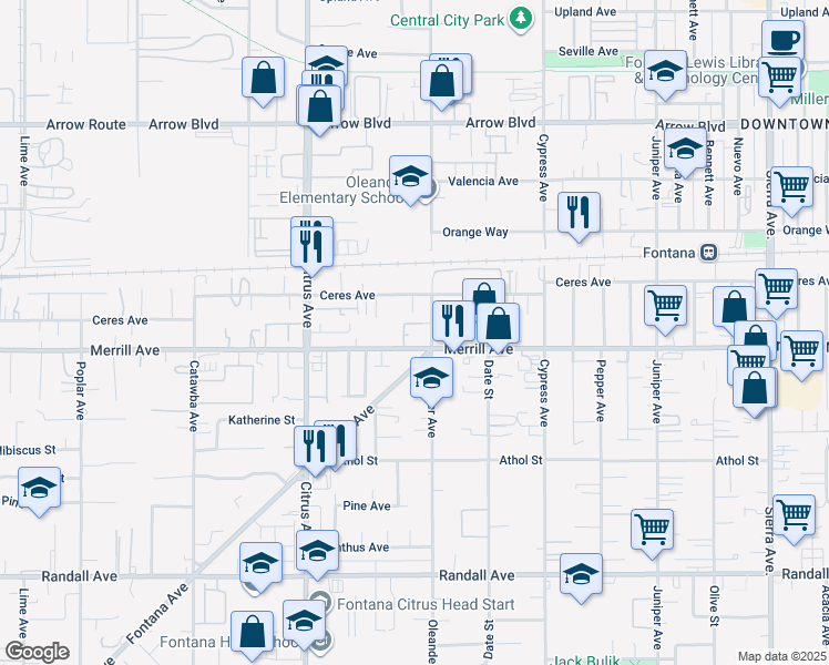 map of restaurants, bars, coffee shops, grocery stores, and more near 8916 Fontana Avenue in Fontana